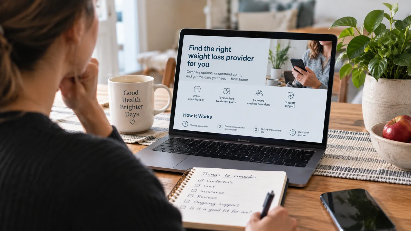 Woman at a laptop comparing telehealth weight-loss providers, with a notebook checklist of things to consider - credentials, cost, insurance, reviews and ongoing support
