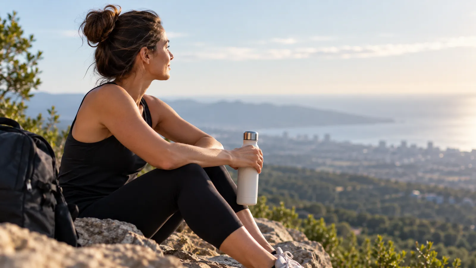 Woman pausing with a water bottle at a mountain summit overlooking a valley during a hike - a visual metaphor for pushing past a weight-loss plateau