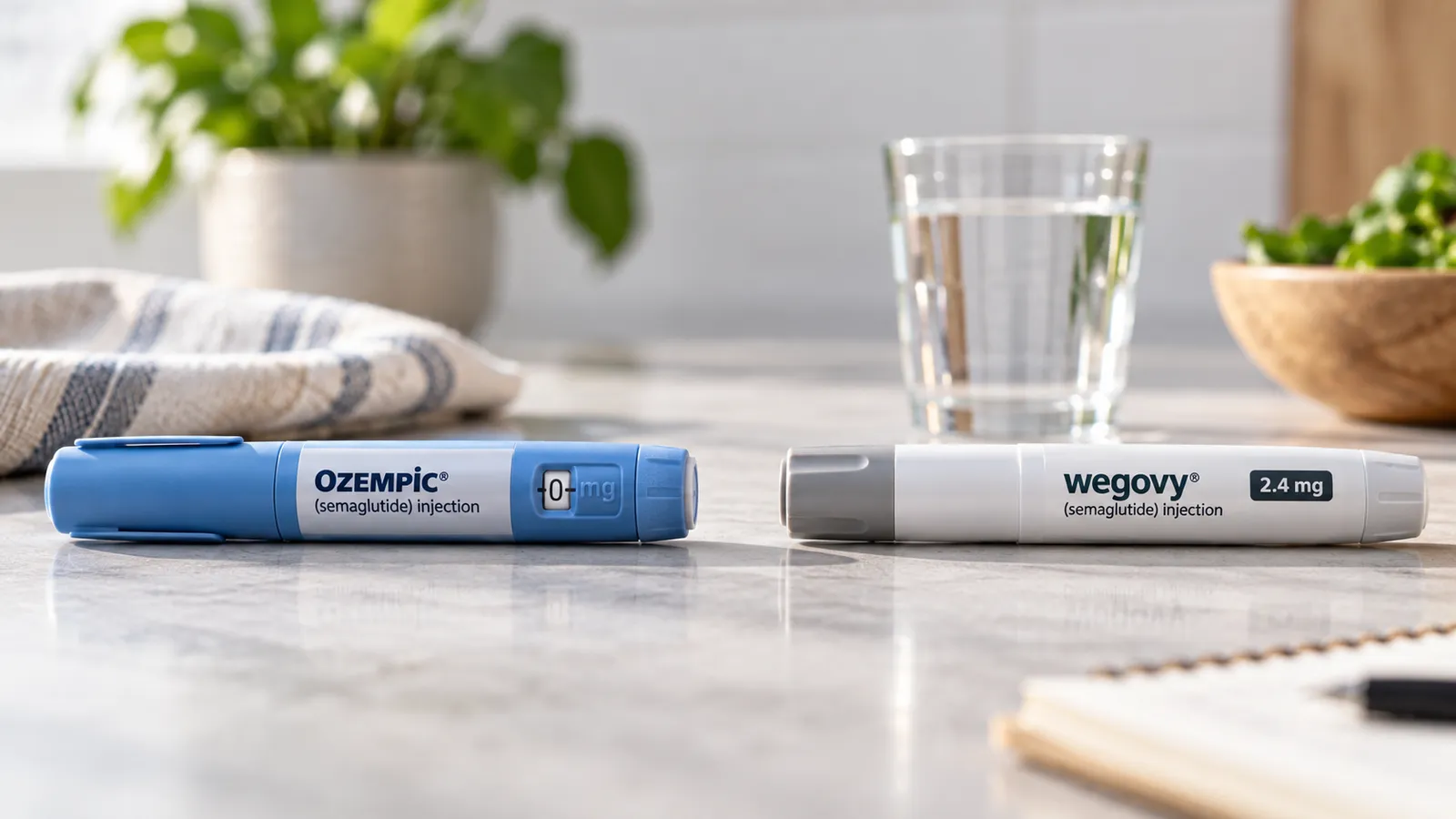 An Ozempic (semaglutide) injection pen next to a Wegovy 2.4 mg (semaglutide) injection pen on a kitchen counter, comparing the two semaglutide brands