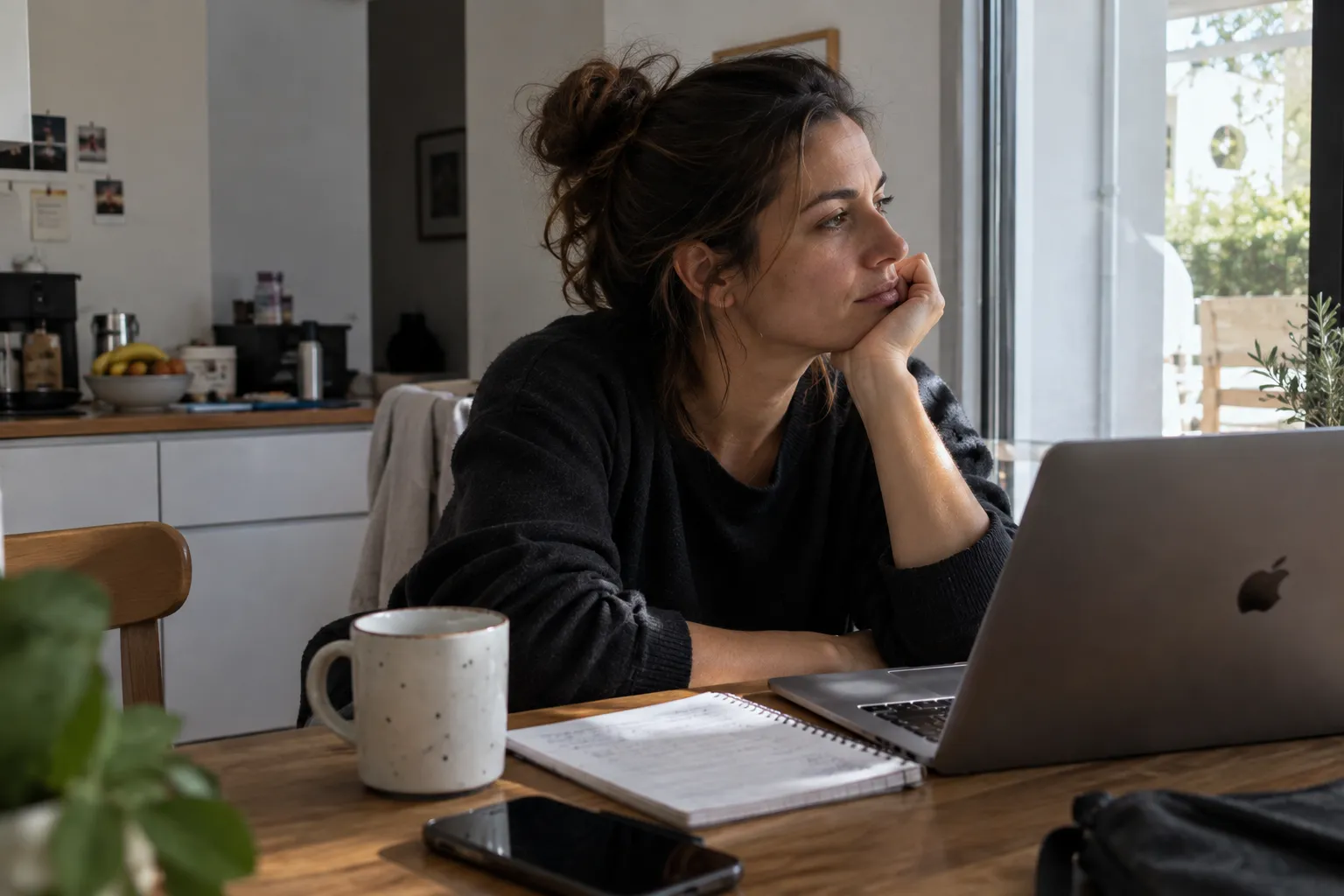 Woman sitting thoughtfully at a kitchen table with a laptop, notebook and coffee, reflecting on how to manage semaglutide side effects
