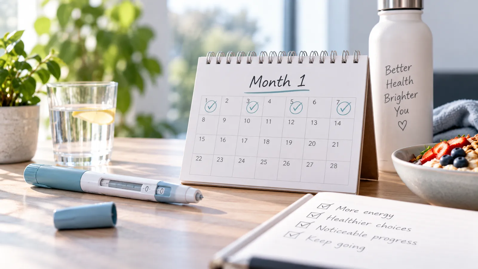 A Month 1 calendar with the first week checked off beside a GLP-1 injection pen, a glass of water, a water bottle and a healthy breakfast bowl - the first month on weight-loss medication