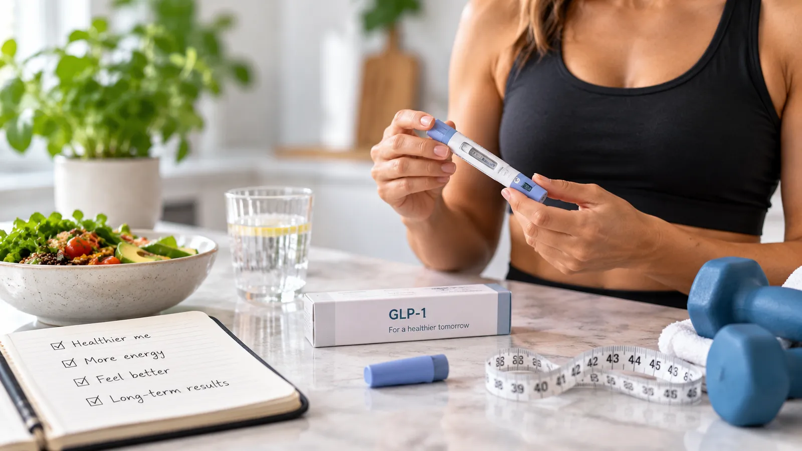 Woman holding a GLP-1 weight-loss injection pen at a kitchen counter with a healthy salad, water, a measuring tape and dumbbells